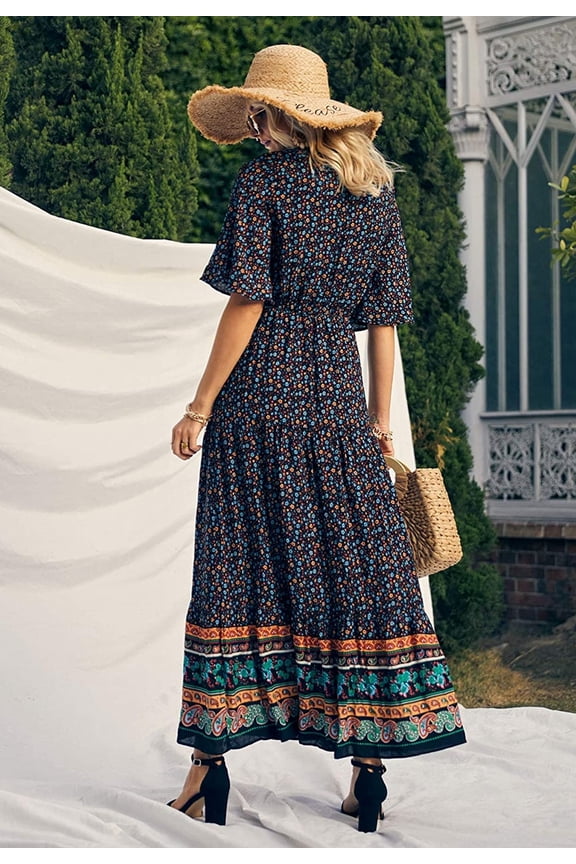 Women's Boho Flared Sleeve Paisley Maxi Dress