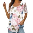 thumbnail image 1 of Women's Boho Flora Print Belly-Hiding Swing Blouse Fashion 2024 Dressy Tops Vintage Summer Clothes for Teen Girls Lace Trimmed Short Sleeve Pleated Flowy Shirts Square Neck Tunic White T Shirts XL, 1 of 4