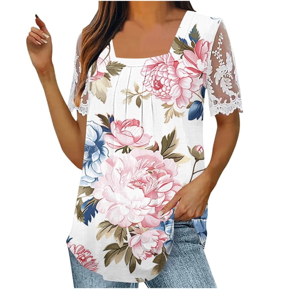 Women's Boho Flora Print Belly-Hiding Swing Blouse Fashion 2024 Dressy Tops Vintage Summer Clothes for Teen Girls Lace Trimmed Short Sleeve Pleated Flowy Shirts Square Neck Tunic White T Shirts XL