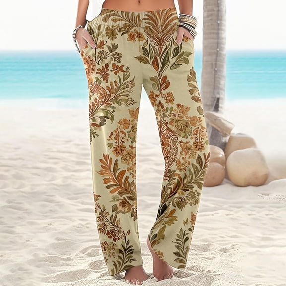 Women's Boho Floral Casual Palazzo Pants High Waist Wide Leg Beach Trousers For Summer Spring Fall Comfortable Womens Pants Rompers for Summer Casual High Waist Women for Beach Pant for Women Casual