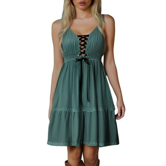 Women's Boho Floral Dress Sexy V Neck Spaghetti Strap Mini Sundress Lace High Low Hem Front Tie Western Vacation Dresses