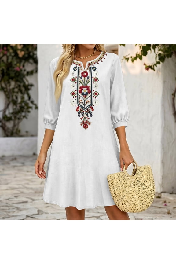 Women's Boho Floral Embroidered Shift Dress, Notch V Neck 3/4 Lantern Sleeve Loose Tunic Dress, Casual Ethnic Embroidered Dress for Vacation Weekend Getaway Casual Outings 07-White M