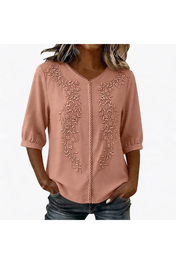 Women's Boho Floral Embroidered T-Shirt Lace Trim V-Neck Casual Top Loose Fit 3/4 Puff Sleeve Blouse Elegant Fashion Clothes 2026