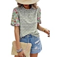 thumbnail image 1 of Women's Boho Floral Embroidery Ruffled Mock Neck Blouses Puff Short Sleeve Dressy Casual Loose Shirt Tops Green XXL (Work Appropriate Dresses With Sleeves), 1 of 8
