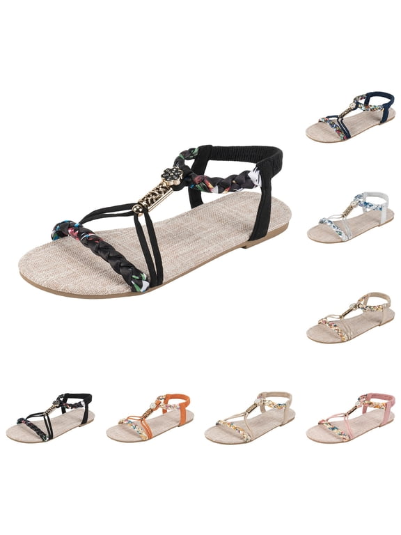 Women's Boho Floral Flat Sandals Braided Rope Metal T-Strap Casual Beach Vacation Comfortable Summer Shoes Gold Size 7