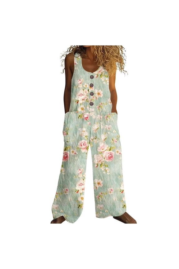Women's Boho Floral Jumpsuits Fashion Sleeveless Baggy Comfy Bib Overalls Wide Leg Pants Romper with Pockets Multicolor Large