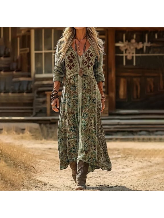 Women's Boho Floral Long Sleeve Maxi Dress V Neck Flowy Bohemian Loose Fit Casual Beach Vacation Wedding Guest Summer Spring Linen Tunic Resort Holiday