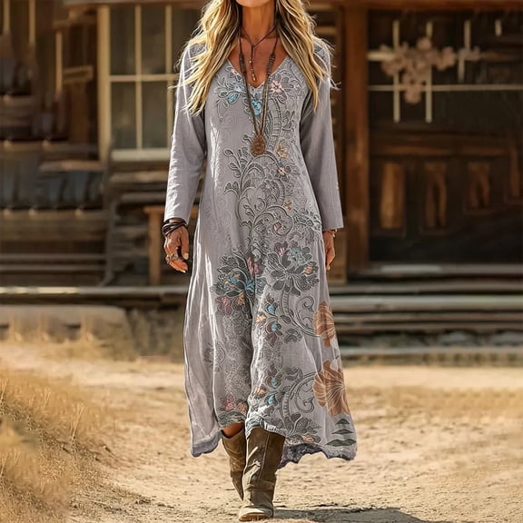 Women's Boho Floral Long Sleeve Maxi Dress V Neck Flowy Bohemian Loose Fit Casual Beach Vacation Wedding Guest Summer Spring Linen Tunic Resort Holiday