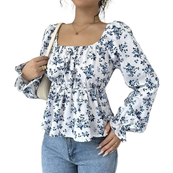 Women's Boho Floral Long Sleeve Shirts Square Neck Peplum Tops Blouses White