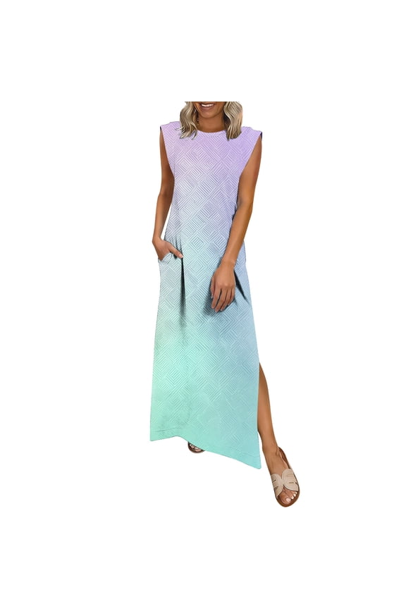 Women's Boho Floral Maxi Dress Sleeveless Round Neck Side Split Long Dress High Waisted Flowy A-Line Summer Dress For Wedding Guest Beach Vacation