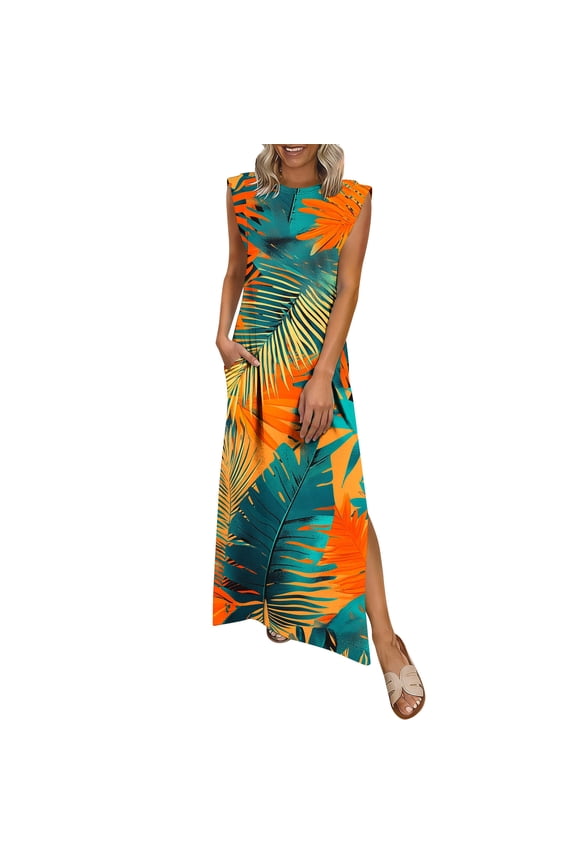 Women's Boho Floral Maxi Dress Sleeveless Round Neck Side Split Long Dress High Waisted Flowy A-Line Summer Dress For Wedding Guest Beach Vacation