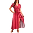 thumbnail image 1 of Women's Boho Floral Maxi Dress Summer Short Sleeve Wrap V Neck Long Flowy Beach Vacation Wedding Guest Dresses Red M(M), 1 of 4