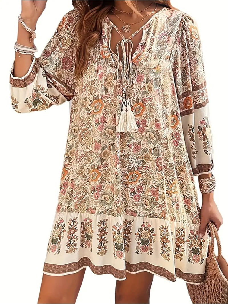 women boho loose mini dress Women's Floral Summer 3/4 Sleeve V Neck Tassel Tie Ruffle Hem Casual Beach Vacation Tunic Dress our White Boho Summer