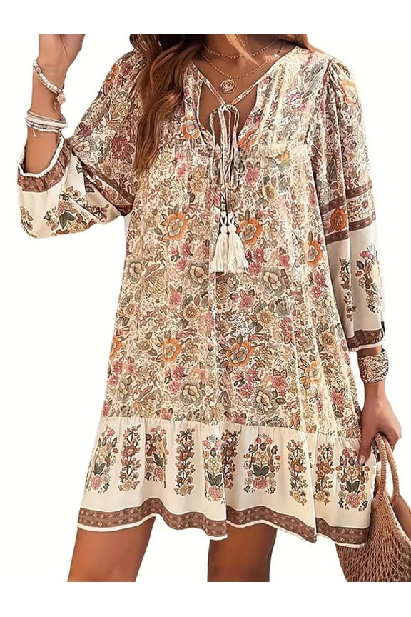 Women's Boho Floral Mini Dress Summer 3/4 Sleeve V Neck Tassel Tie Loose Ruffle Hem Casual Beach Vacation Tunic Dress