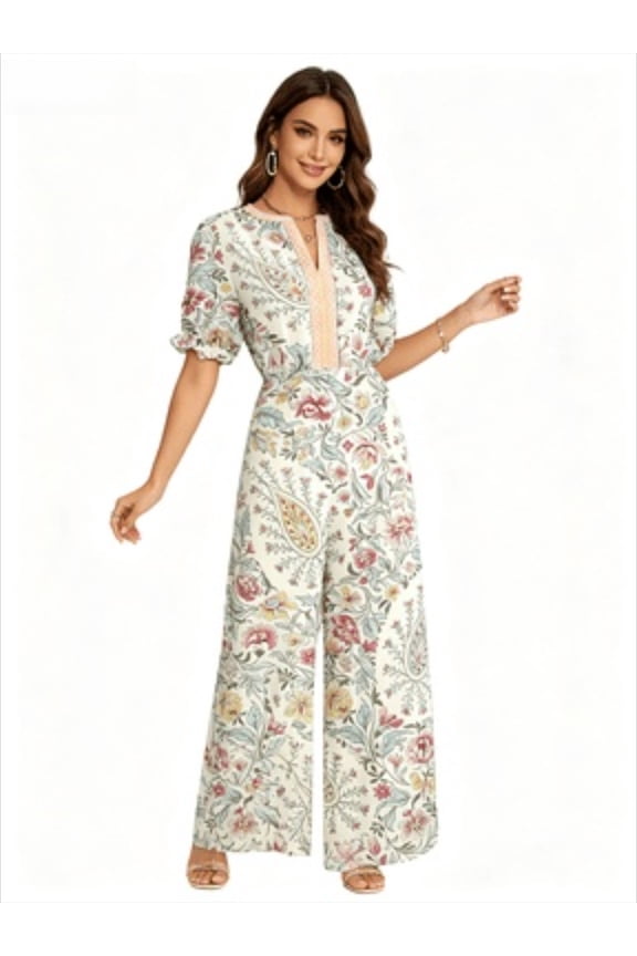 Women's Boho Floral Paisley Print Jumpsuit, Elastic Waist Ruffle Sleeve V Neck Wide Leg One Piece Outfit for Vacation