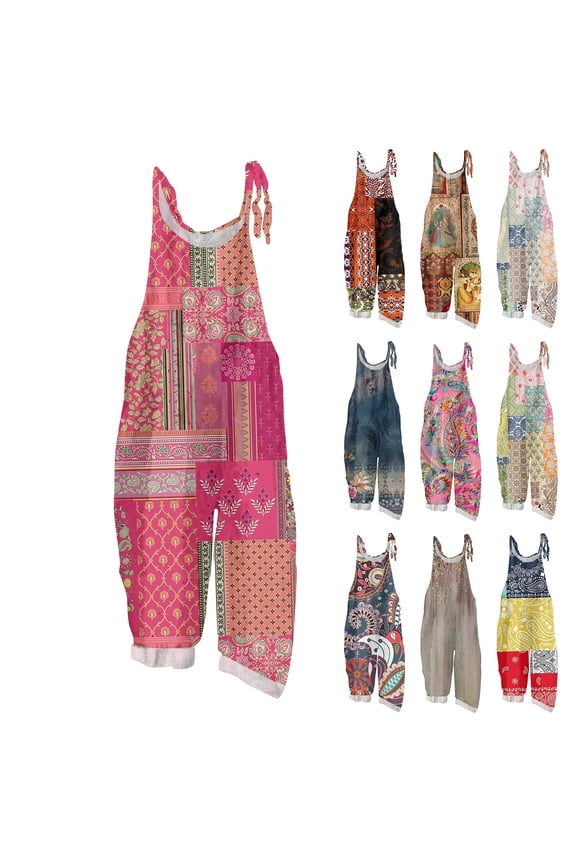 Women's Boho Floral Patchwork Overalls Loose Fit Linen Blend Bib Jumpsuit for Summer & Gardening Pink XL