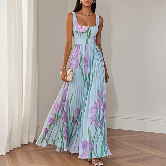 Women's Boho Floral Pleated Maxi Dress Square Neck Sleeveless High Waist Flowy Long Evening Party Dress 01-Blue XXL