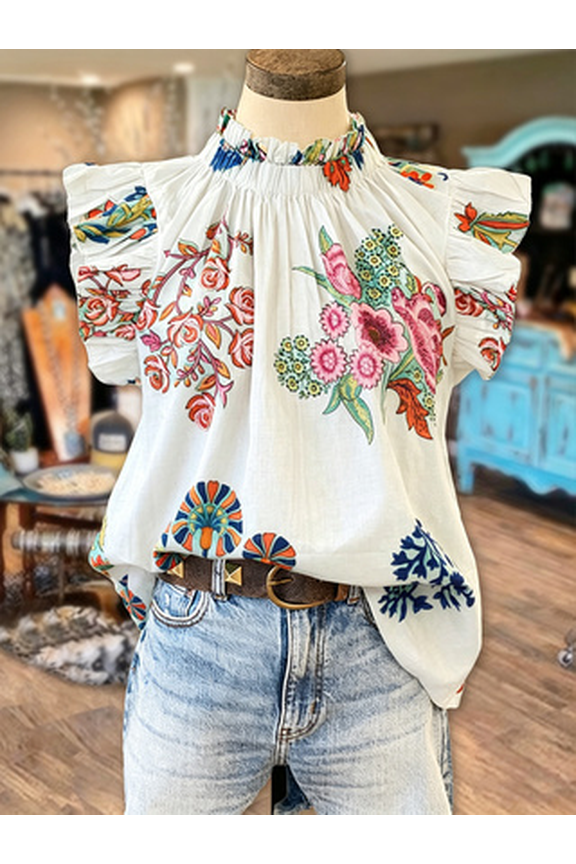 Women's Boho Floral Print Blouse with Ruffled Neckline & Flutter Short Sleeves Relaxed Flow Top