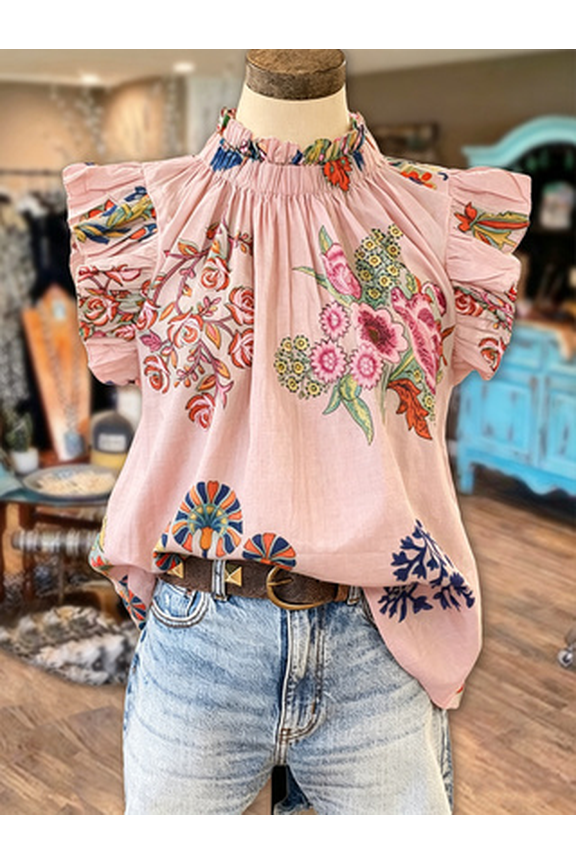 Women's Boho Floral Print Blouse with Ruffled Neckline & Flutter Short Sleeves Relaxed Flow Top
