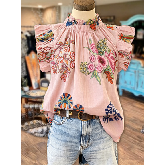 Women's Boho Floral Print Blouse with Ruffled Neckline & Flutter Short Sleeves Relaxed Flow Top