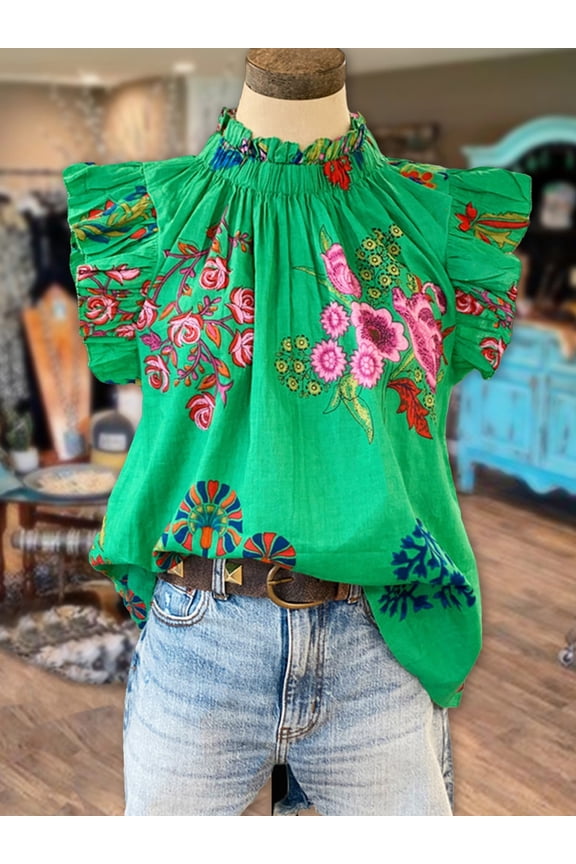 Women's Boho Floral Print Blouse with Ruffled Neckline & Flutter Short Sleeves Relaxed Flow Top