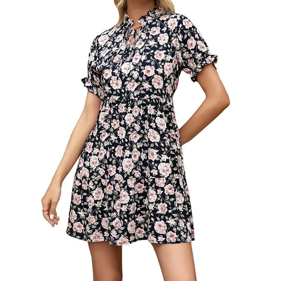 Women's Boho Floral Print Dress Drawstring Tie Neck Ruffle Sleeve High Waist Mini Dresses, Black, Small