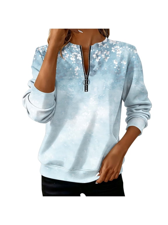 Women's Boho Floral Print Half-Zip Sweatshirt - Oversized Loose Fit Plus Size Pullover, Vintage Casual Dressy Fall Top