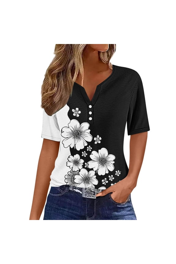 Women's Boho Floral Print Henley Tops - Notch V-Neck Short Sleeve Button Shirts Blouse Loose Fit Summer Casual Tee Women Casual Boho Top