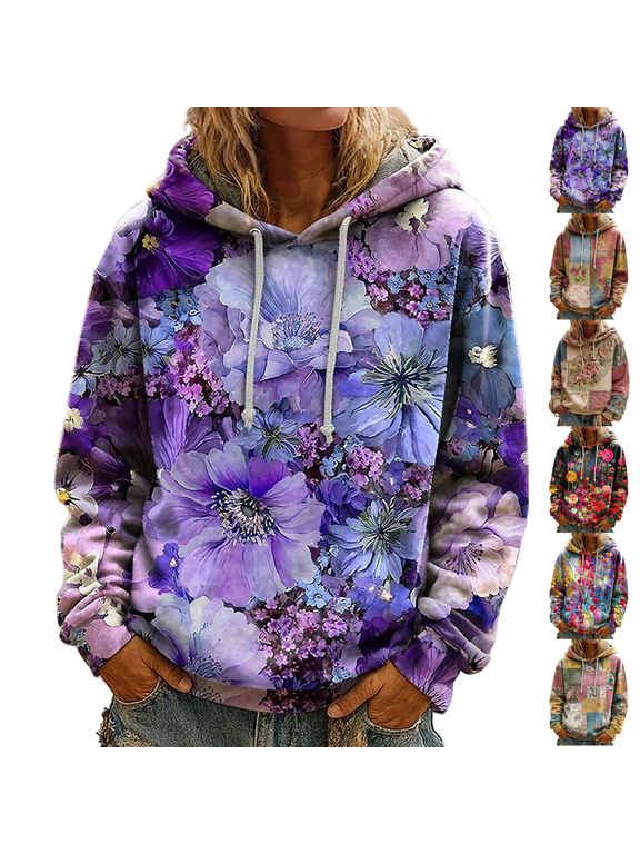 Women's Boho Floral Print Hoodie Vintage Patchwork Long Sleeve Sweatshirts Casual Pullover Going Out Tops Purple S
