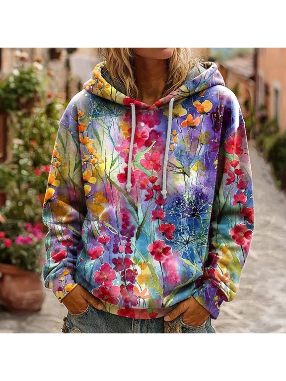 Women's Boho Floral Print Hoodies Vintage Paisley Patchwork Hooded Sweatshirts Long Sleeve Casual Pullover Going Out Tops ,3XL