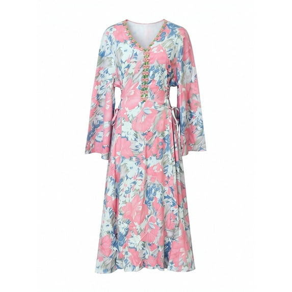 Women's Boho Floral Print Maxi Dress Long Sleeve V Neck Side Lace Up Bell Sleeve Vacation Swing Dress
