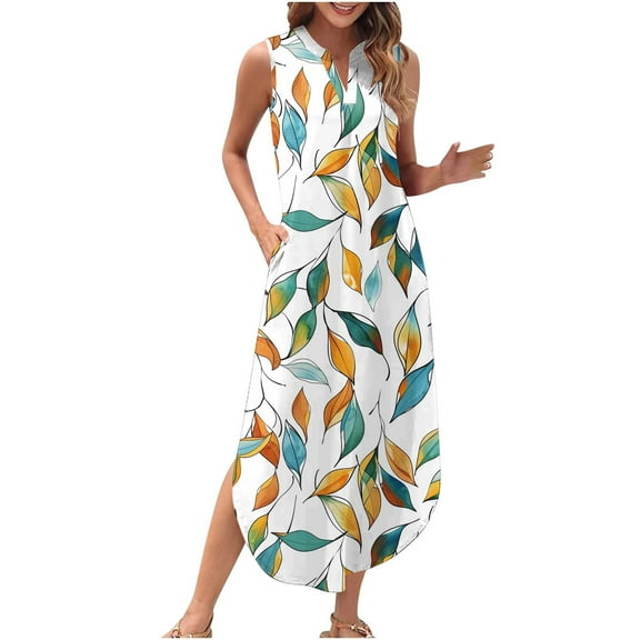 Women's Boho Floral Print Maxi Dresses V Neck Sleeveless Long Casual Dresses Loose Sundress with Pocket