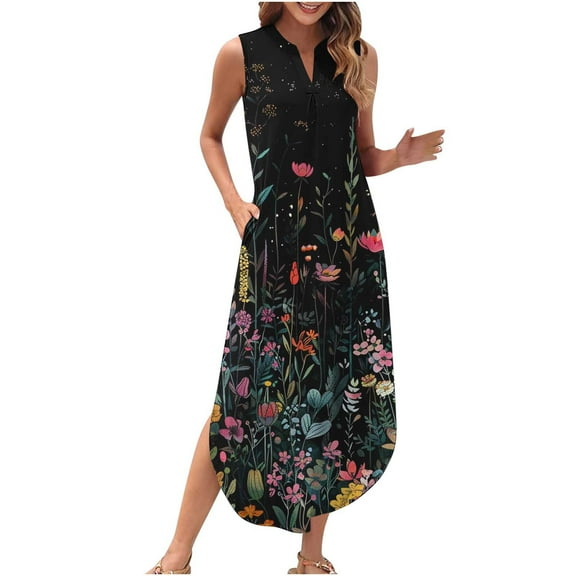 Women's Boho Floral Print Maxi Dresses V Neck Sleeveless Long Casual Dresses Loose Sundress with Pocket