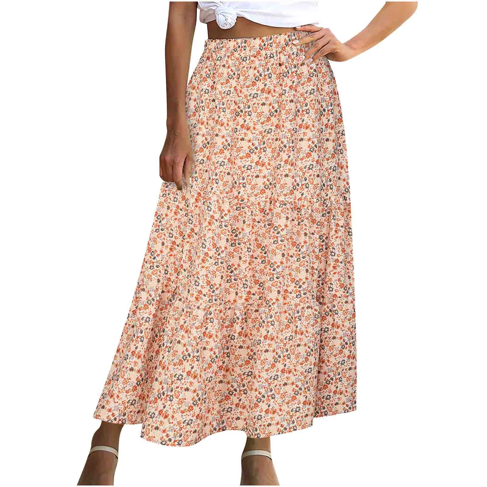 Women s Boho Floral Print Maxi Skirt Elastic High Waist Ruffle Tiered Skirt Summer Ruched A Line Flowy Beach Long Skirt Walmart