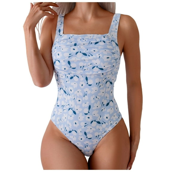 Women's Boho Floral Print One Piece Swimsuit Y2K Bathing Suits Swimwear Beachwear (Light Blue, L)