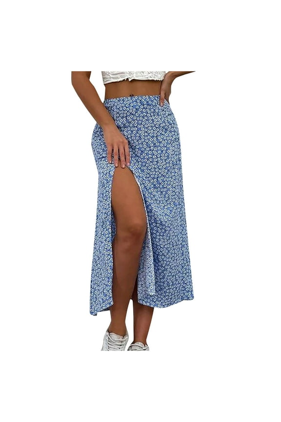Summer Skirt for Women High Waist Floral Print Boho Dress Side Split Casual A Line Flowy Beach Long Skirt