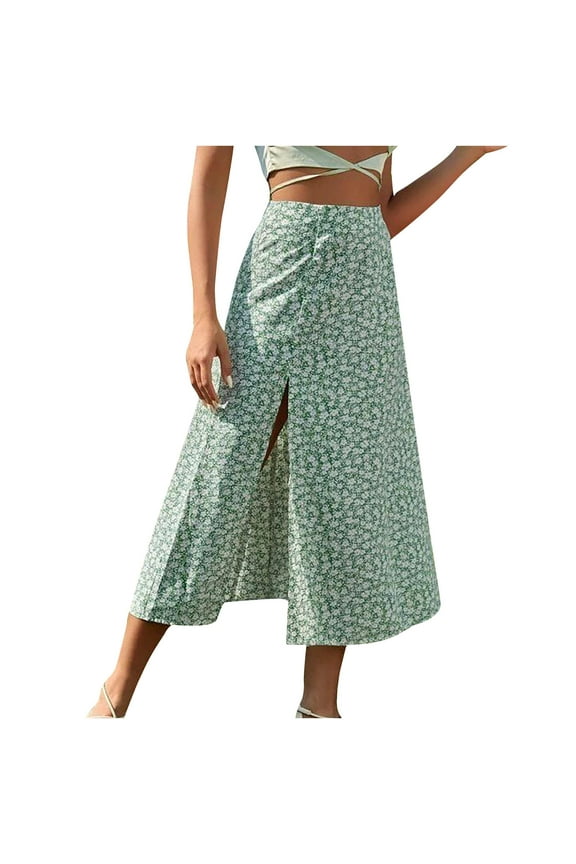 Women's Boho Floral Print Side Split High Waist Midi Skirt Summer Beach A Line Swing Long Skirts for Women