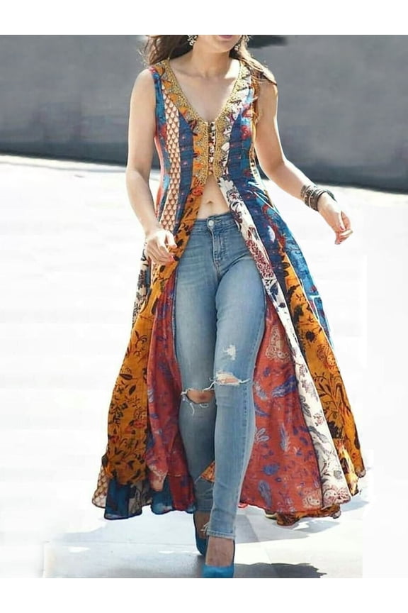 Women's Boho Floral Print Sleeveless Long Maxi Kimono Cardigan Open Front Gold Lace Trim Duster Vest Soft Lightweight Rayon Fabric Versatile Layering Piece for Casual Beach Wear
