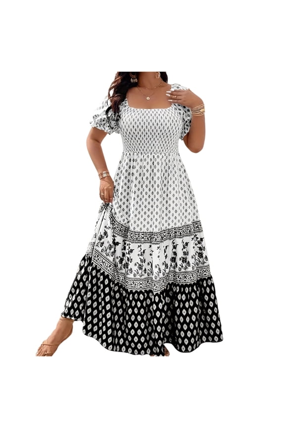 Women's Boho Floral Print Square Neck Beach Party Flowy Ruffle Midi Dress Summer Loose Vacation Sundress White 3XL
