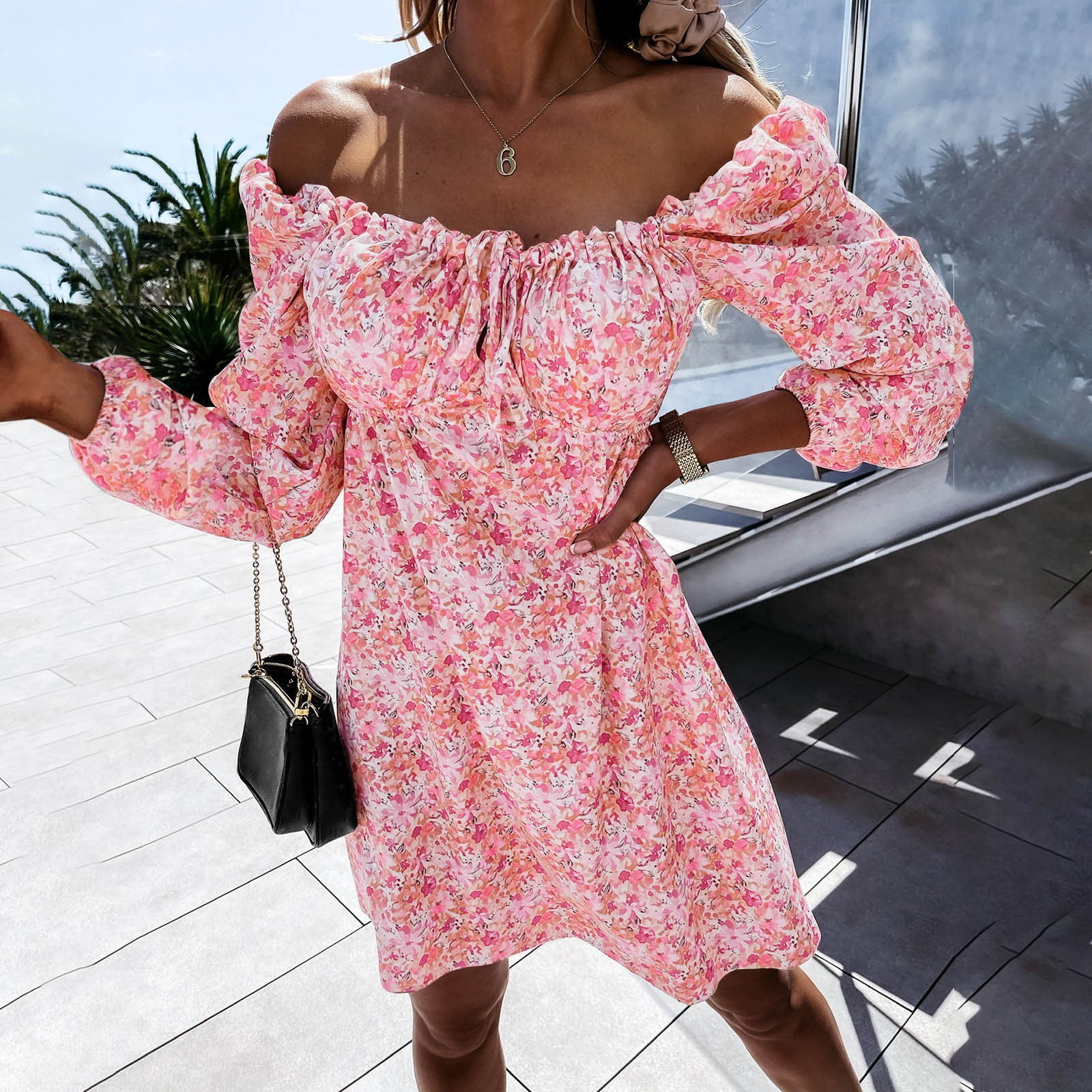 Women s Boho Floral Print Square Neck Flounce Sleeve A Line Long