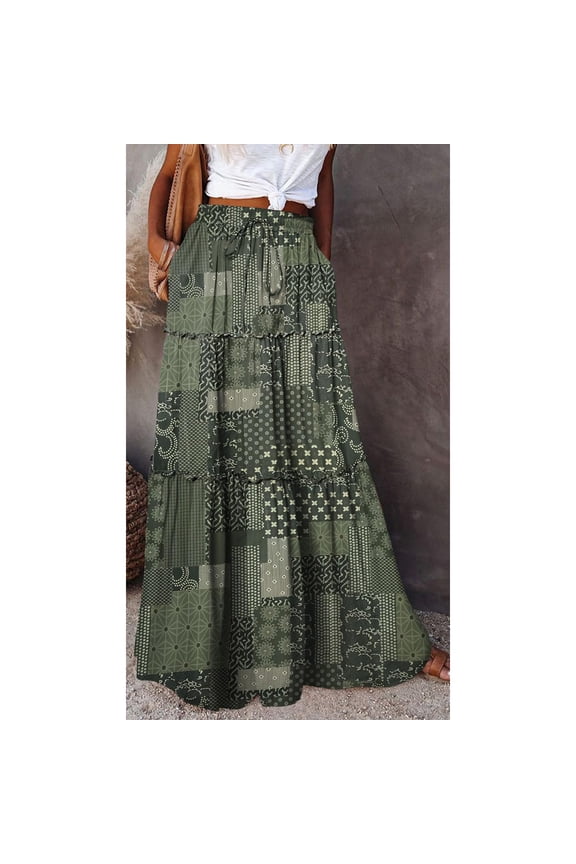 Women's Boho Floral Print Tiered Maxi Skirt High Waist Flowy A Line Casual Skirt with Pockets Army Green M
