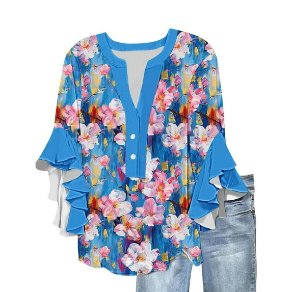 Women's Boho Floral Print Tops Loose V Neck 3/4 Wave Bell Sleeve Flowy Casual Shirts Summer Blouses for Women