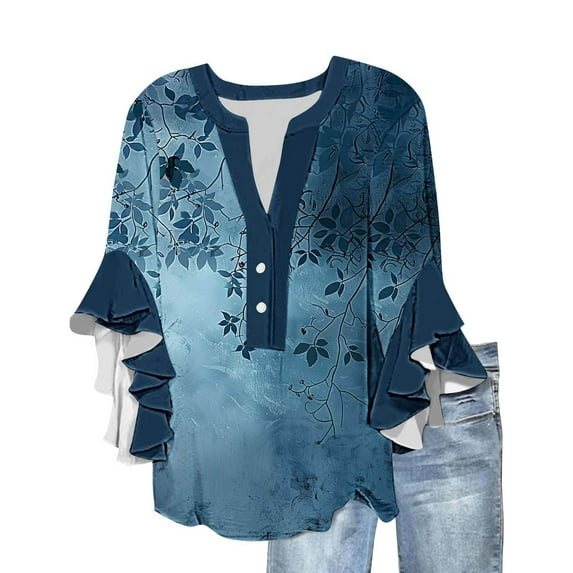 Women's Boho Floral Print Tops Loose V Neck 3/4 Wave Bell Sleeve Flowy Casual Shirts Summer Blouses for Women