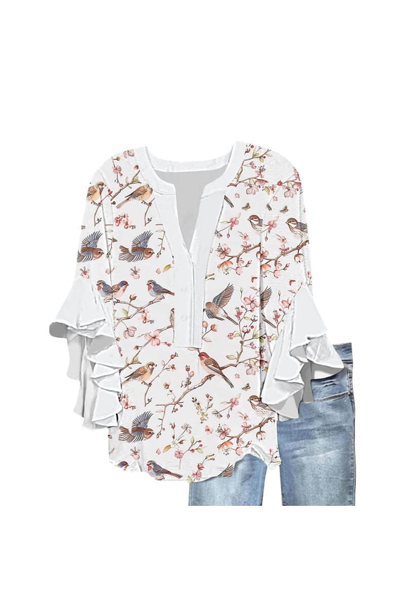 Women's Boho Floral Print Tops Loose V Neck 3/4 Wave Bell Sleeve Flowy Casual Shirts Summer Blouses for Women