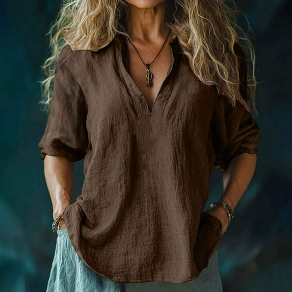 Women's Boho Floral Print V-Neck 3/4 Sleeve Cotton Linen Tops under $10