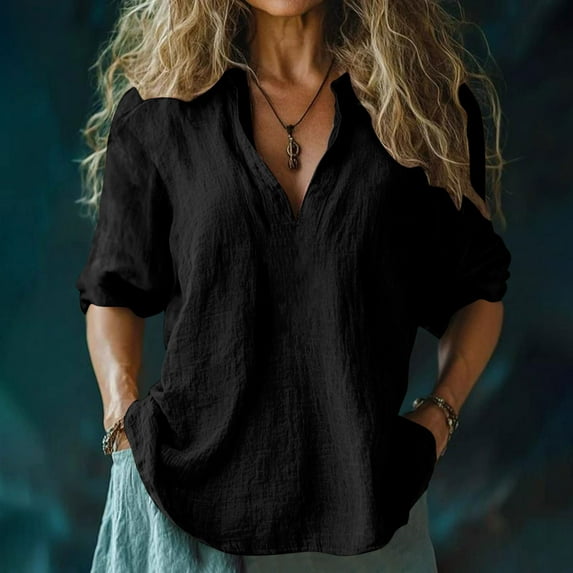 Women's Boho Floral Print V-Neck 3/4 Sleeve Cotton Linen Tops under $10