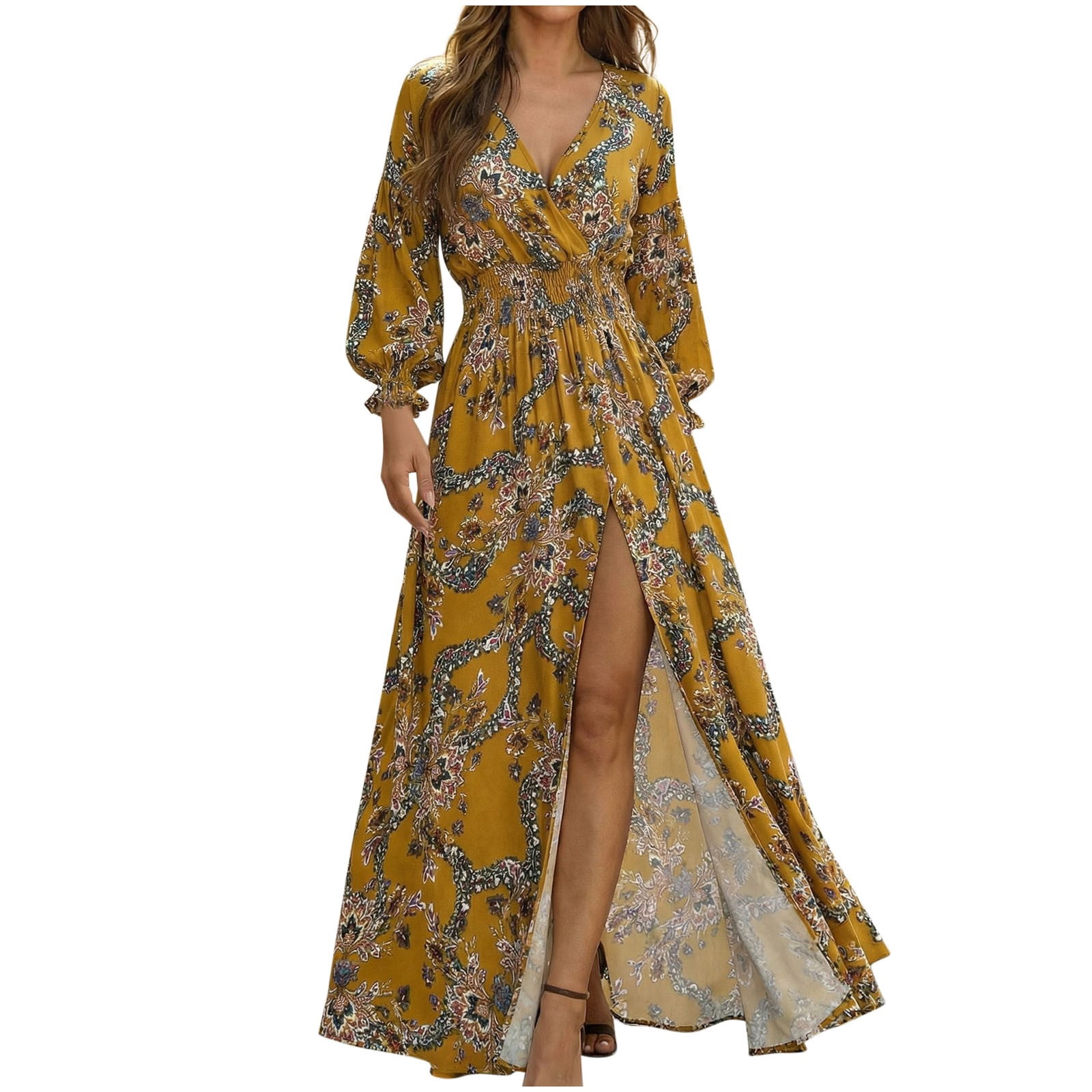 Women's Boho Floral Print V-Neck Maxi Dress Long Sleeve Smocked Waist High Slit Flowy Beach Dress