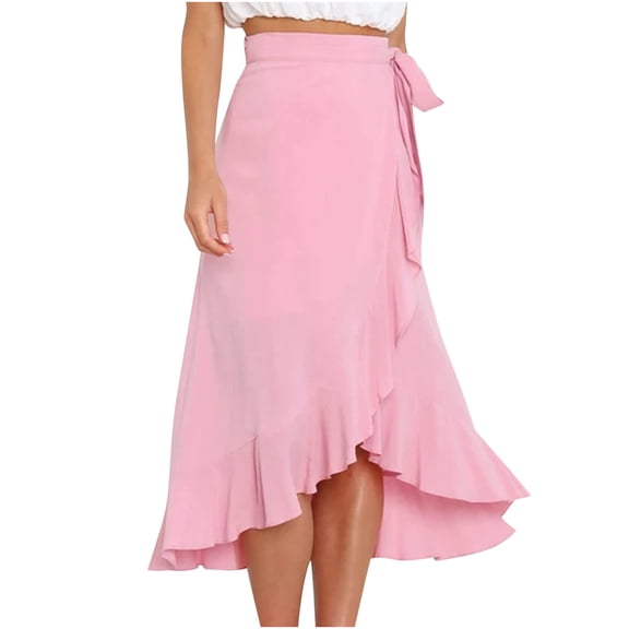 Women's Boho Floral Print Wrap Ruffle Trim Flowy Maxi Skirts High Waist Boho Skirt Pleated A Line Long Skirt Slit