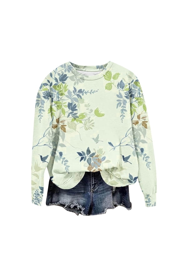 Women's Boho Floral Printed Blouses Fall Winter Long Sleeve Sweatshirt Crewneck Casual Pullover Tops Going Out Resort Clothes