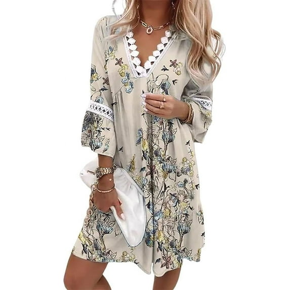 Women's Boho Floral Printed Lace Dress Loose V Neck 3/4 Sleeve Mini Beach Spring Summer Dresses for Women 2024